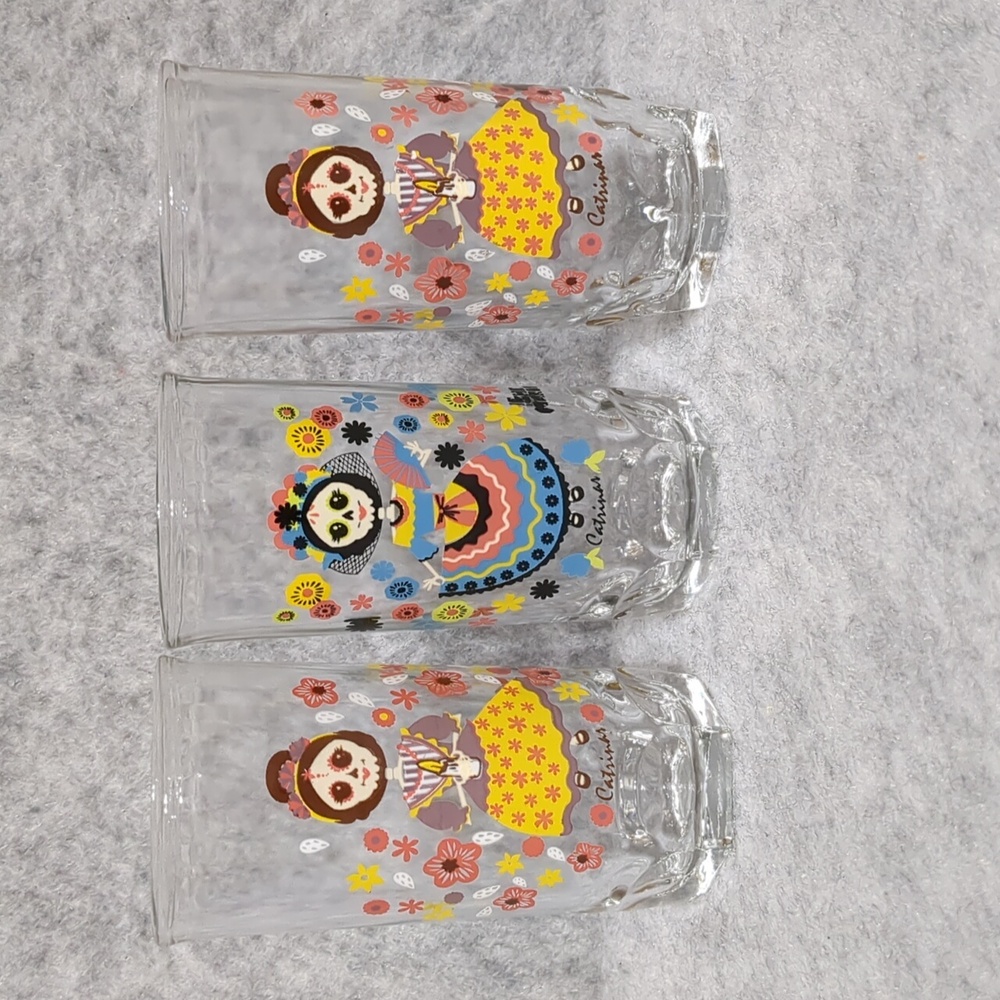 Catrinas Day Of The Dead juice lot Of 3 glass Cups 8.25 Oz.
